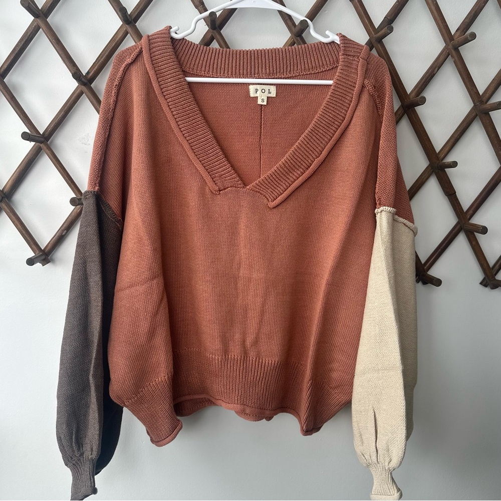 POL Oversized color block vneck knit sweater Sz small dusty rose/brown/cream